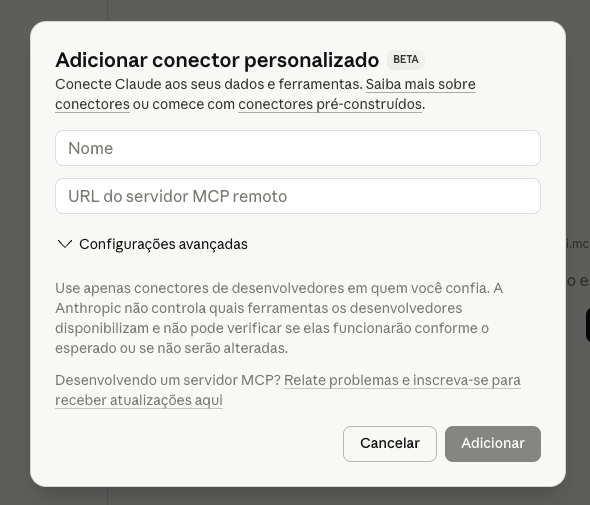 Modal 'Adicionar conector personalizado' do claude.ai com os campos Nome e URL do servidor MCP remoto
